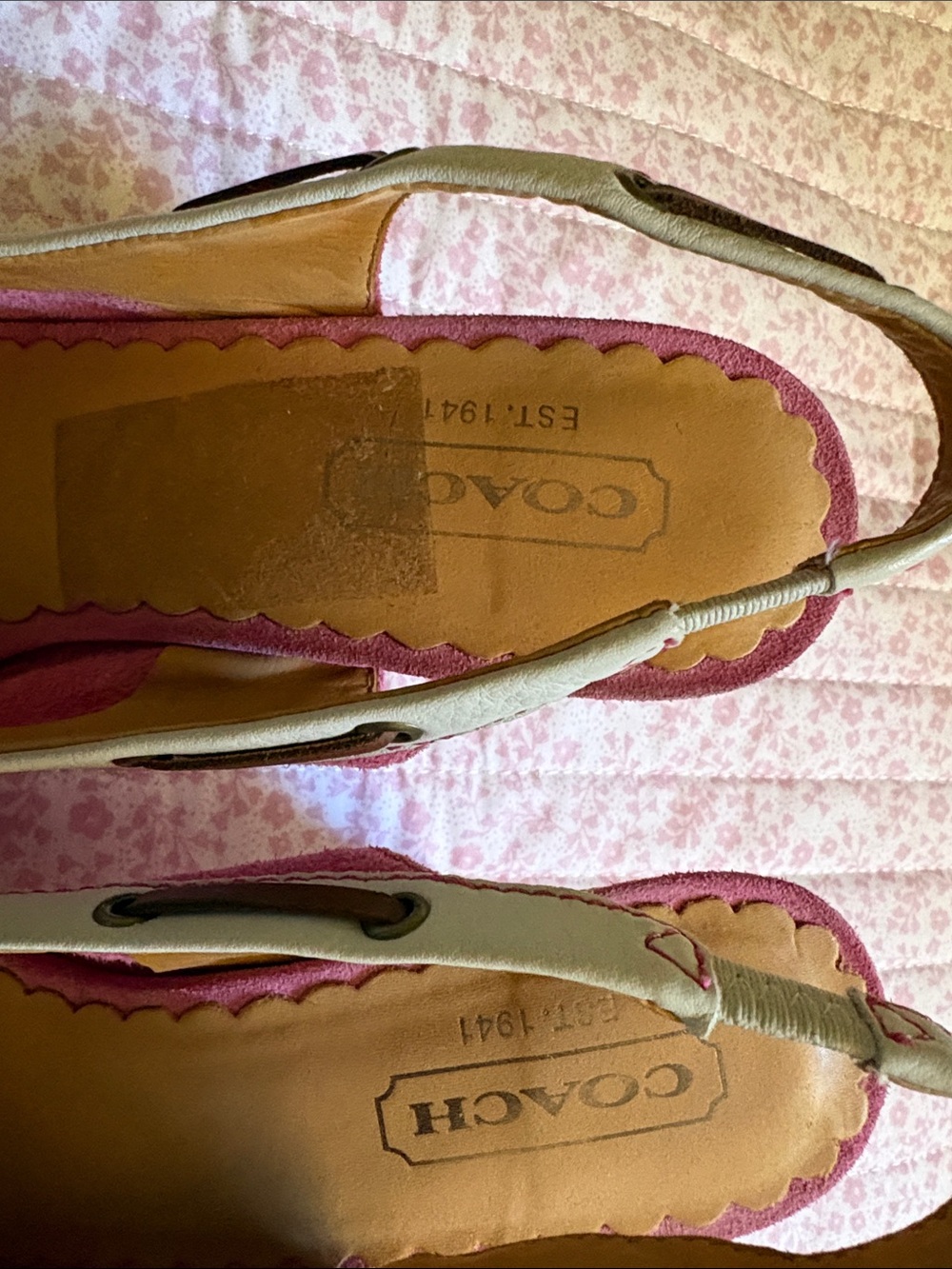 Coach Pink and Cream Suede Wedge Slingbacks with Bow Accent - Picture 2 of 4